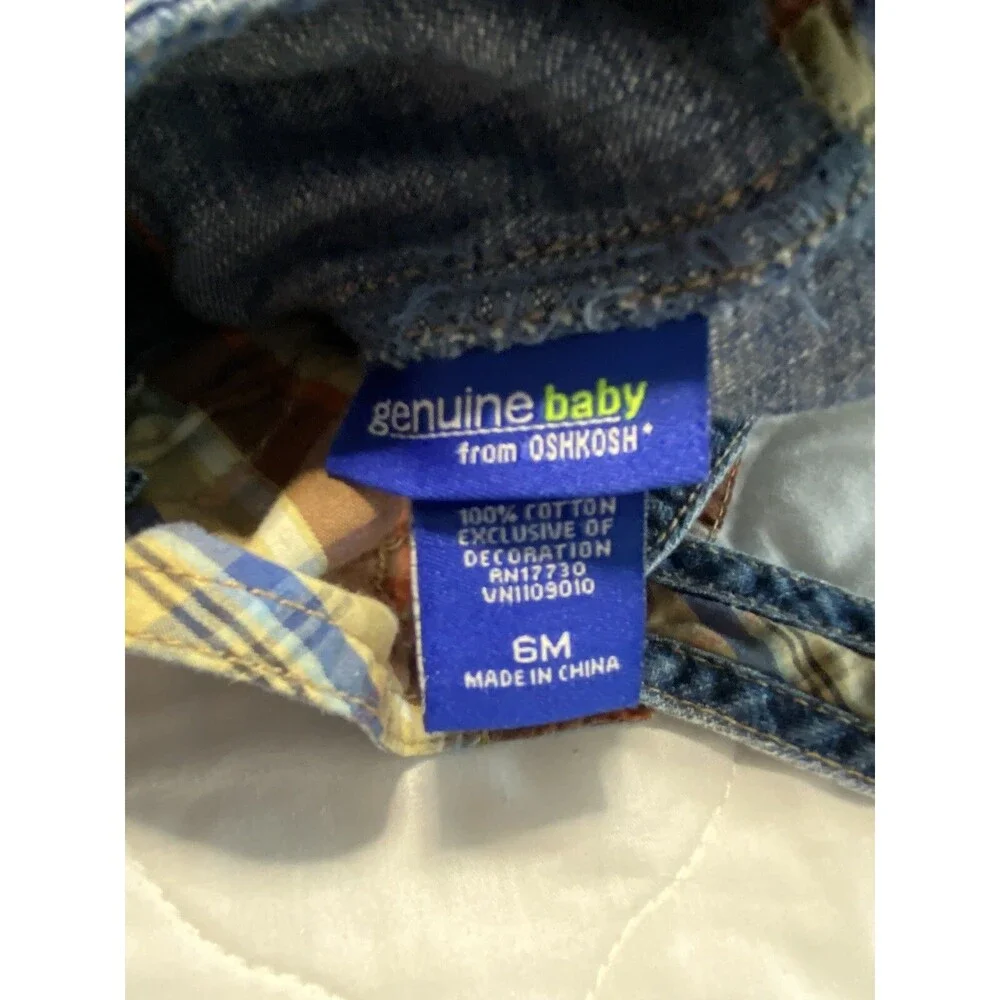 OshKosh BGosh Overalls 6 month Plaid Lined Vestbak Denim Snap USA Vtg. EUC